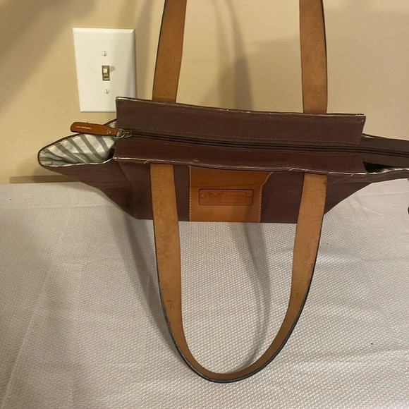 Le Papillon women’s purse tote bag shoulder bag brown tan canvas leather classic - Picture 9 of 10